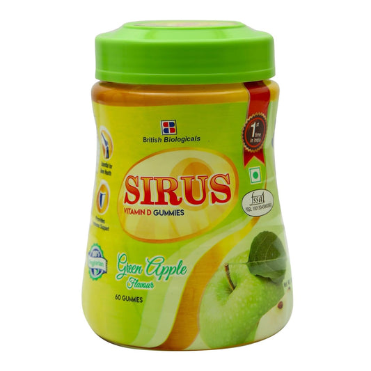 Jar of Sirius Vitamin D Gummies with green apple flavor on a white background