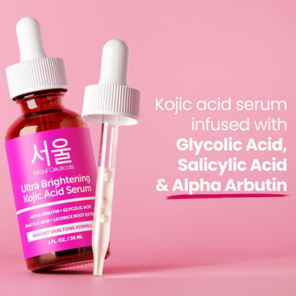 SeoulCeuticals Korean Skin Care Kojic Acid Serum Alpha Arbutin – Dark Spot Remover Corrector Glycolic Acid + K Beauty 1oz