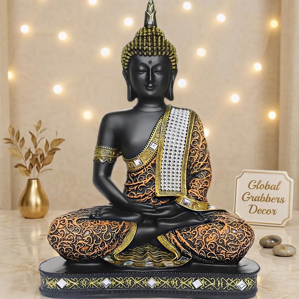 Global Grabbers new Limited Edition 25 Centimetre Meditating Sitting Buddha Idol Statue showpiece Home Decor Decoration Items for Living Room and Gifts (1, Orange Black)