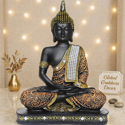 Global Grabbers new Limited Edition 25 Centimetre Meditating Sitting Buddha Idol Statue showpiece Home Decor Decoration Items for Living Room and Gifts (1, Orange Black)
