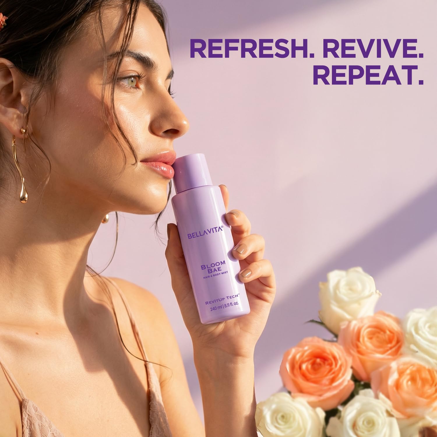 Woman holding a Bellvita product with flowers and 'Refresh. Revive. Repeat.' text on a light purple background