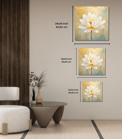 Lotus Flower Painting for Wall Vastu (15+ DESIGNS) Framed Lotus Canvas Painting for Living Room, Bedroom | Nature Floral Wall Art with Multiple Design Variations (White Abstract Lotus, 18x18 Inch, Framed)