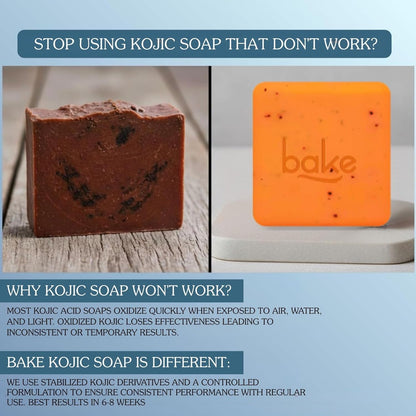 Two bars of soap, one brown and one orange with 'bake' branding, on a light blue background with text about Kojic soap.