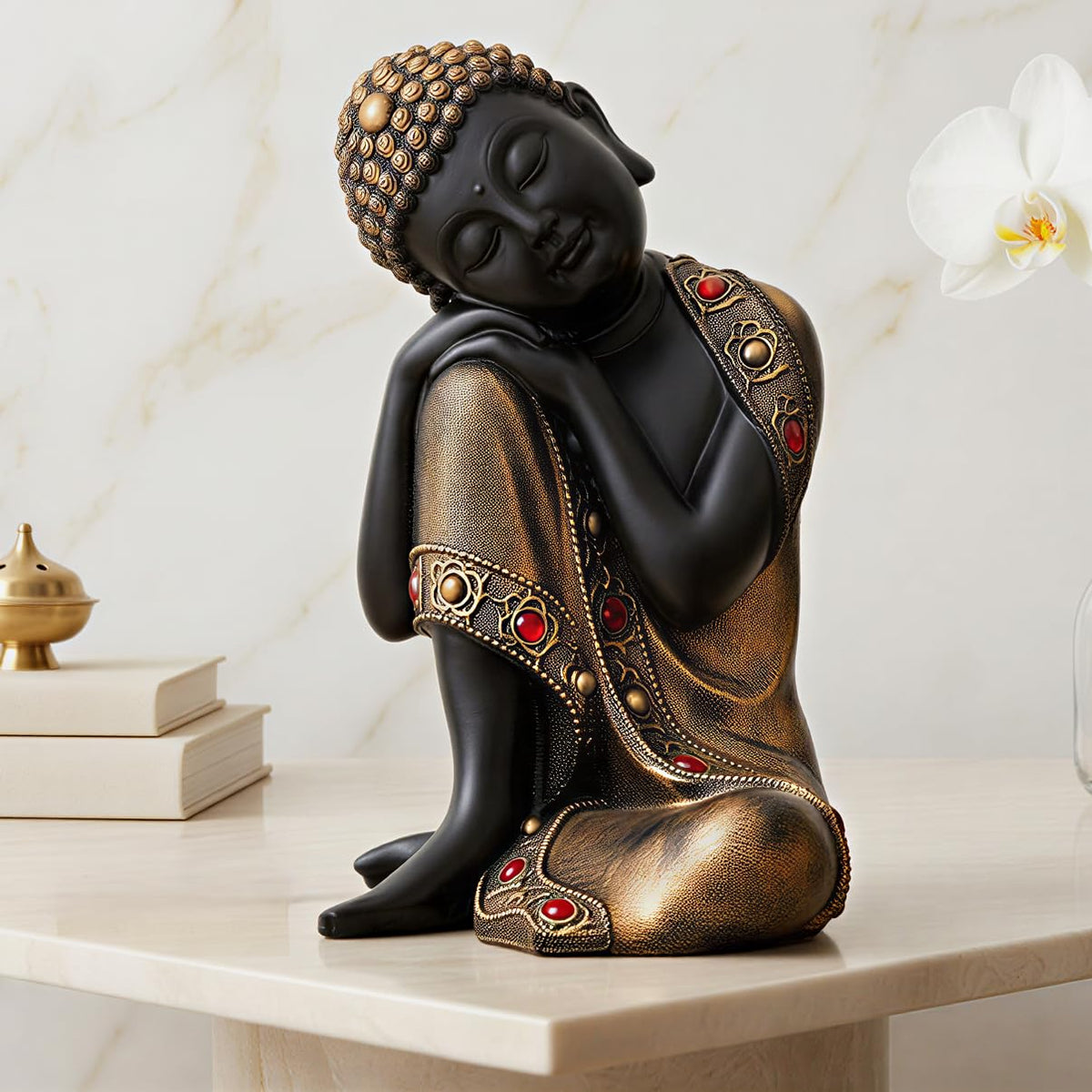 Buddha Idol Statue | Show Pieces for Home Decor Living Room (Black Golden)