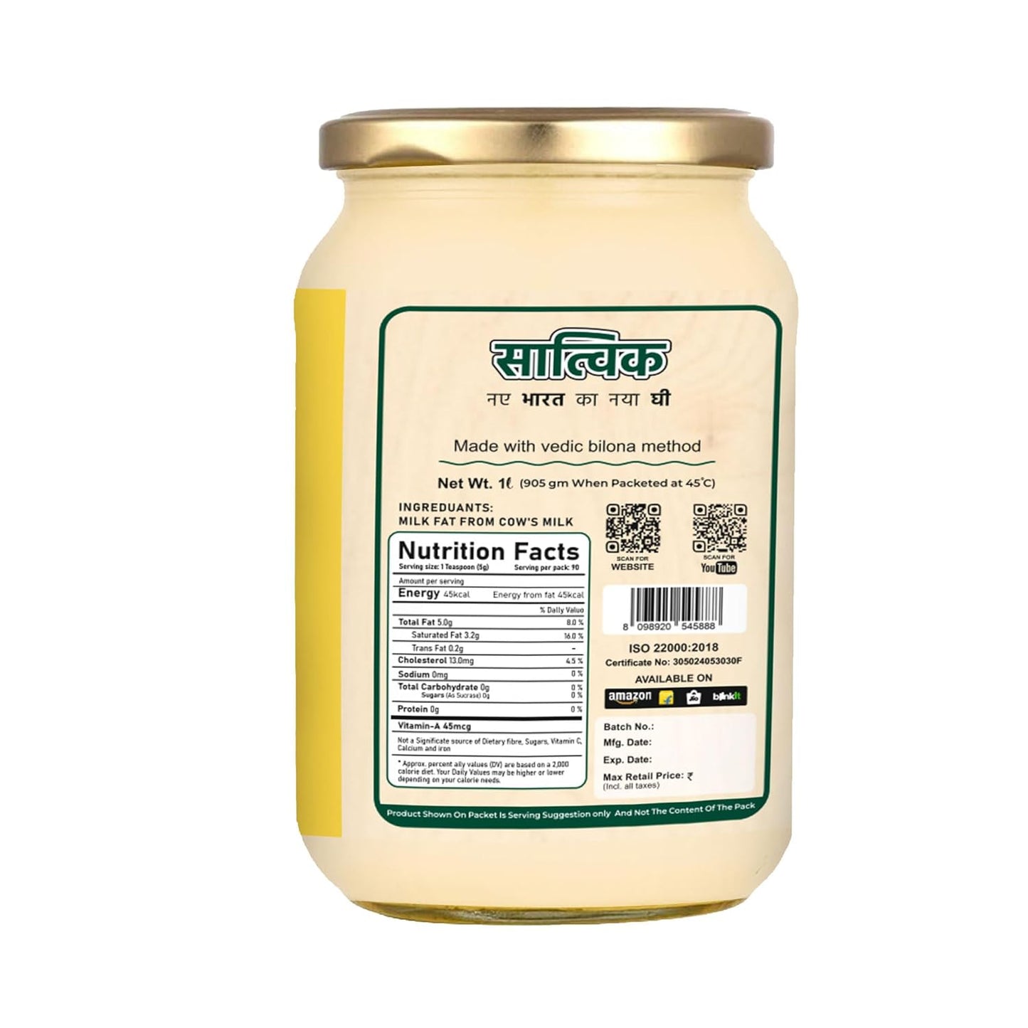 SATVIK PURE GHEE A2 Gir Cow Ghee 1 Litre Churned From Vedic Bilona Method Bilona Ghee A2 Cow Desi Ghee 1 Litre,1.49 Kilograms