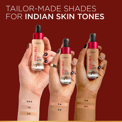 L’Oréal Paris Infallible 24H Tinted Serum Foundation, Light-weight Coverage, Dewy & Radiant Finish, Transfer-proof, 30ml