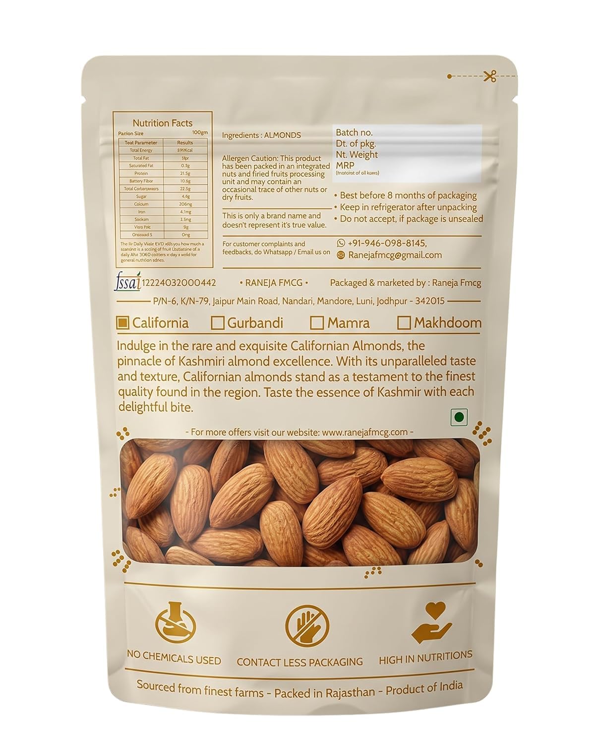 Raneja Pure California Almonds/Badam Whole 250g, 100% Natural Real Nuts & Dry Fruit Freshly Cleaned and Cleared, High in Fiber, Badam Giri, Rich in Protein, Magnesium, Phosphorus and Dietary Fibre