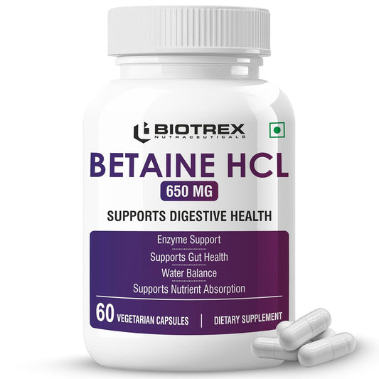 Biotrex Nutraceuticals Betaine HCL 650mg with Pepsin | Enzyme Support | Gut Health | Water Balance | Supports Nutrient Absorption & Reduces Fat | 60 Veg Capsules