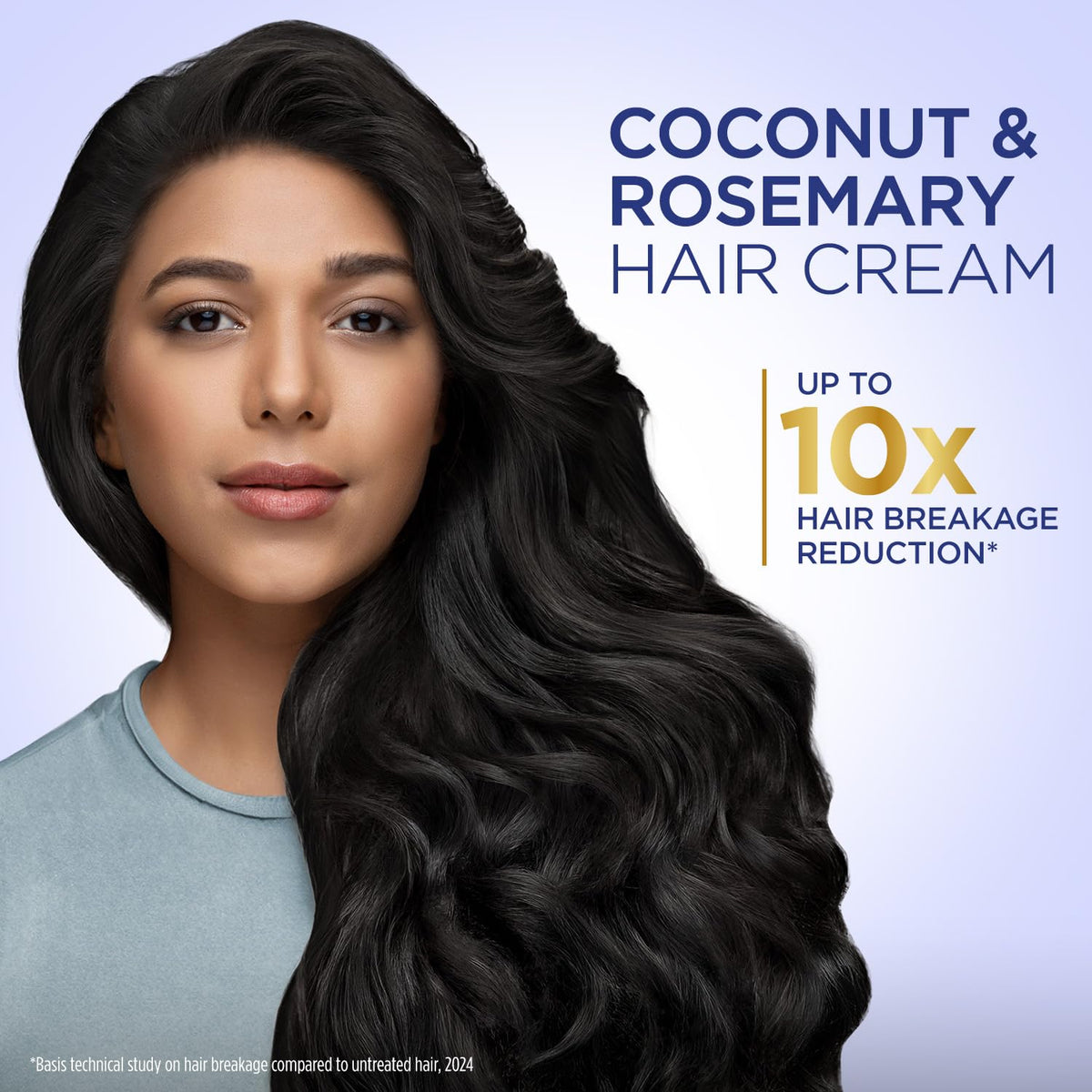 Woman with long, wavy hair featuring coconut and rosemary hair cream advertisement.