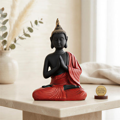 New Namaste Praying Buddha Statue showpiece Idol Home Decor Items for Living Room and Gifts (RED Black)