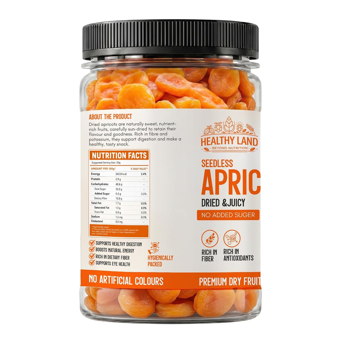 Healthy Land Dried Apricots | Premium Seedless Apricot Dry Fruits | Soft & Juicy Khubani | No Added Sugar | Rich in Fiber & Antioxidants | Healthy Snacks Dry Fruits for Kids & Adults (200G, Apricots)