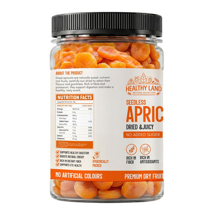 Healthy Land Dried Apricots | Premium Seedless Apricot Dry Fruits | Soft & Juicy Khubani | No Added Sugar | Rich in Fiber & Antioxidants | Healthy Snacks Dry Fruits for Kids & Adults (200G, Apricots)