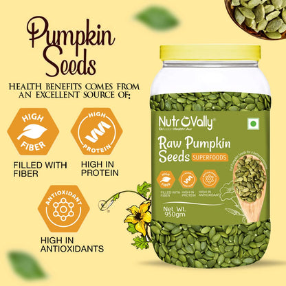 NutroVally - Pumpkin Seeds 950g Jar – Premium Roasted & Shelled Superfood Snack – High Protein, Gluten-Free & Nutrient-Rich for Healthy Snacking & Cooking