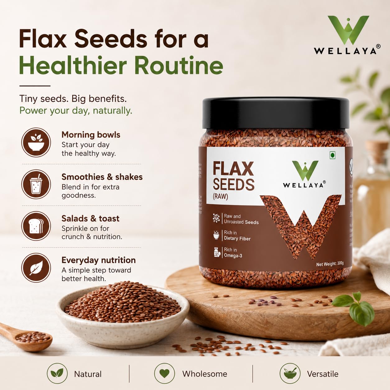 WELLAYA Flax Seeds - Alsi Seeds | Rich Protein Healthy Raw Seeds for Eating | Source of Iron & Dietary Fibre | Vegan Superfood for Wellness