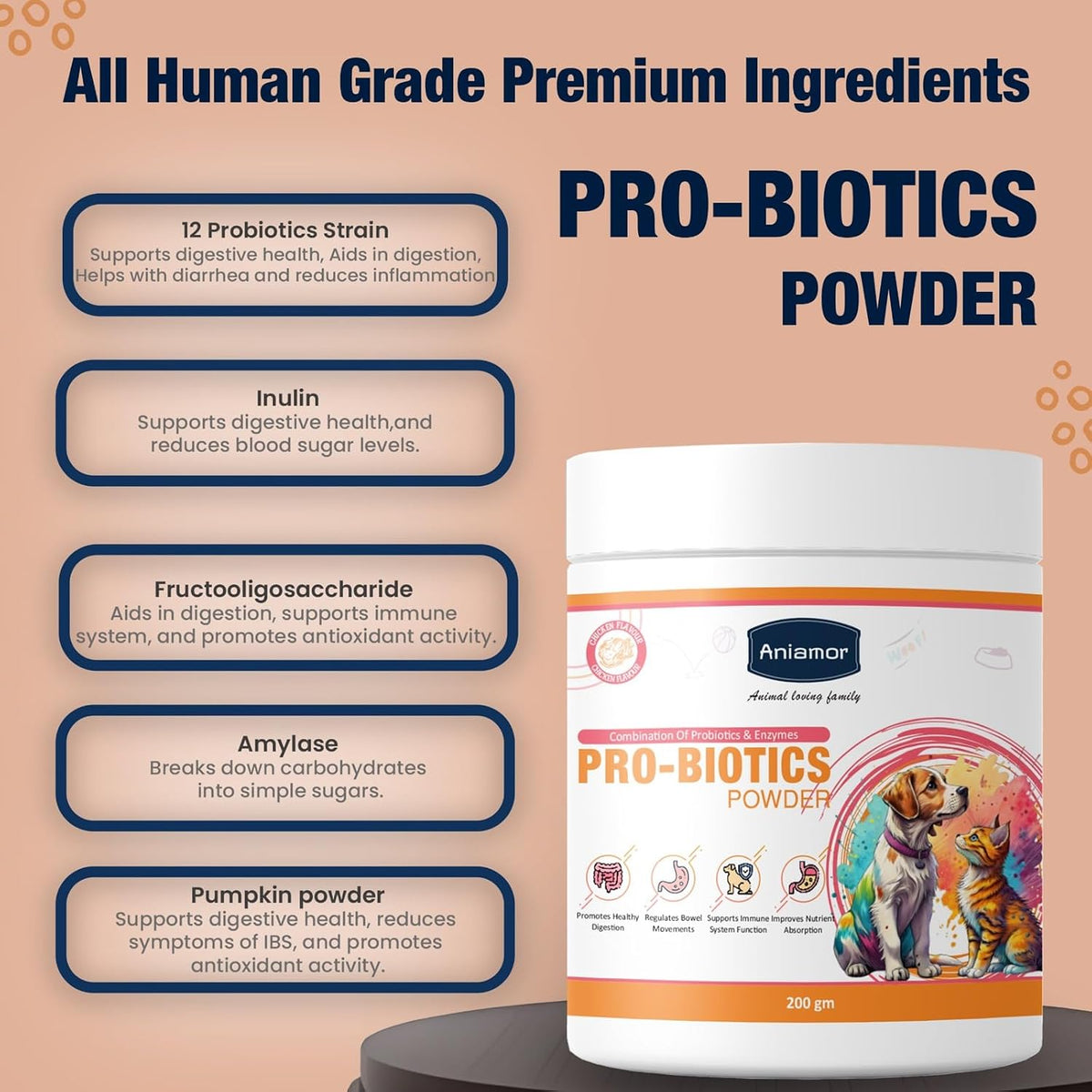 Aniamor Pro-Biotics Powder for Dogs and Cats|Gut Care|Pets Supplement|Probiotic with Enzymes|All Life Stage|200gm Jar