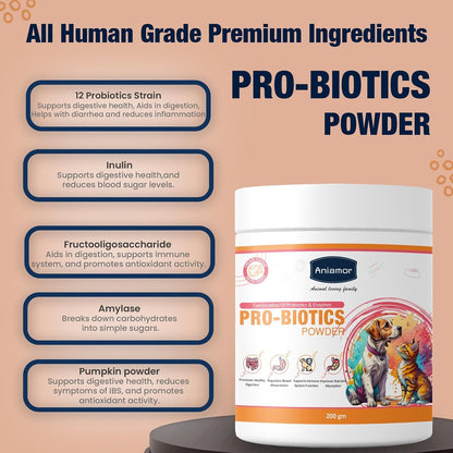 Aniamor Pro-Biotics Powder for Dogs and Cats|Gut Care|Pets Supplement|Probiotic with Enzymes|All Life Stage|200gm Jar
