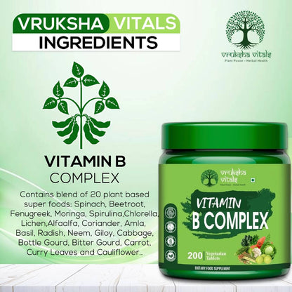 Green supplement jar labeled 'Vitamin B Complex' with Vruksha Vitals branding on a light green background.