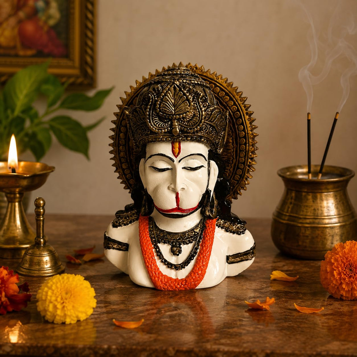 White Lord Hanuman Ji Idol for Home Décor | Hanuman Bust Statue with Intricate Detailing | Spiritual Decorative Showpiece for Temple, Living Room & Gifting