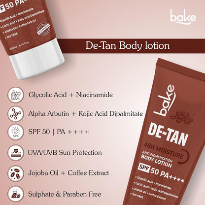 BAKE De-Tan Coffee Body Lotion (200ml) 48 Hour Moisturization with Kojic Acid, Lactic Acid, Niacinamide & SPF 50 for Pigmentation & Tan Removal | For Dark Spots & Sun Protection | Tanned & Pigmented Skin | For Women & Men
