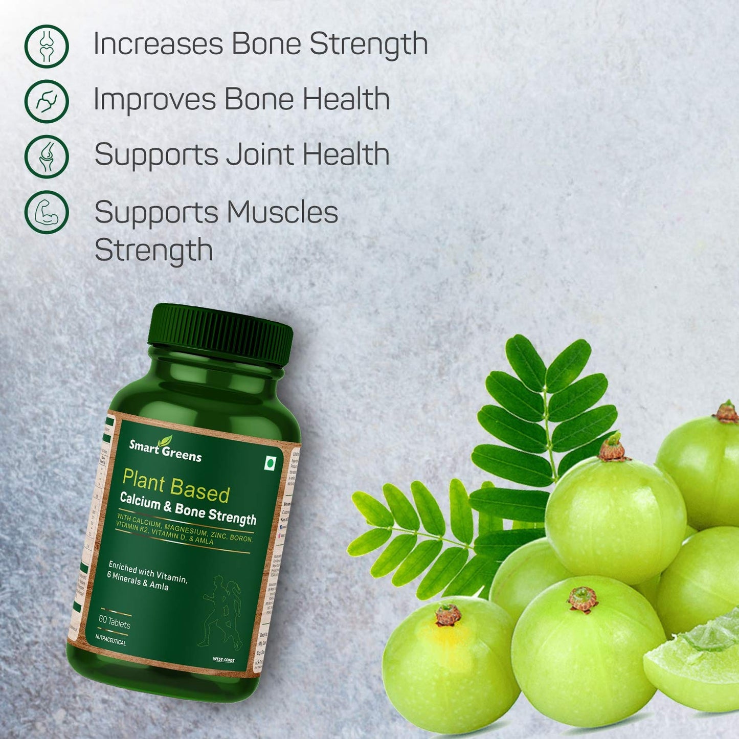 Green supplement bottle labeled 'Plant Based Calcium & Bone Strength' with a pile of green fruits and leaves on a light gray background.