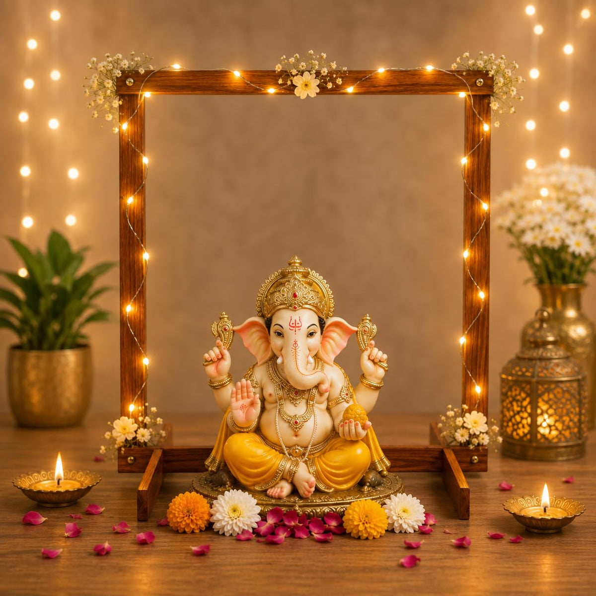 Foldable Wooden Mandap for Ganpati Decoration | Folding Ganpati Mandap for Home Pooja, Ganesh Chaturthi, Janmashtami, Navratri & All Festival Decoration | Wooden Backdrop Stand (Brown) (30 × 36 Inch)