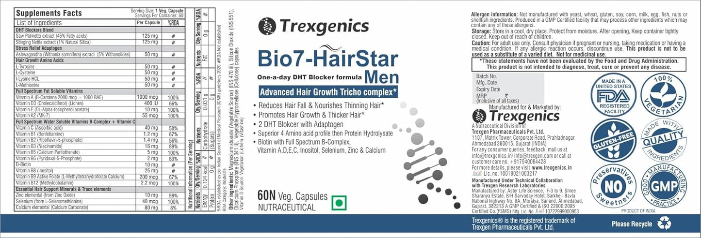 Trexgenics® BIO7-HAIRSTAR MEN Advanced Hair Support Tricho Complex ONE-A-DAY Formula (60 Veg. Capsules) (Pack of 1)