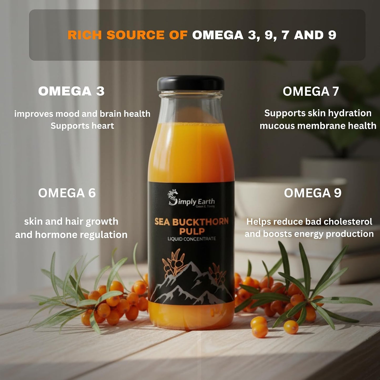 Simply Earth Sea Buckthorn Pulp Liquid Concentrate, Rich in Omega 3-6-7-9, Vitamin C & Antioxidants, Superfood for Immunity, Skin & Heart Health, 300 ML