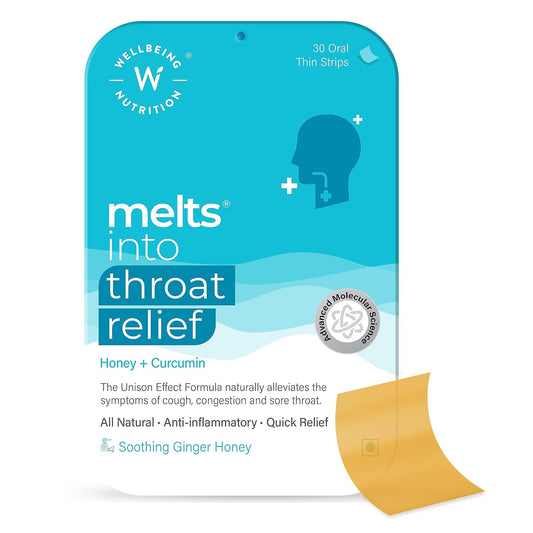 Wellbeing Nutrition Melts instant Throat Relief with 100% Natural Tulsi, Manuka Honey, Clove, Licorice, Curcumin, Ginger, Mint for Cough, Sore Throat, Irritation and Pain Relief (30 Oral Strips)