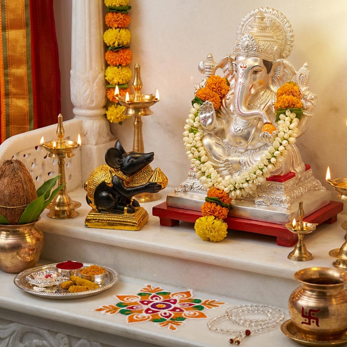 Mushak Raj Idol for Ganesh Chaturthi Pooja - (Resin, 6 cm) | Mouse Statue with Modak | Ganesh Ji Vahan Decorative Murti | Home Temple Decor | Vastu Showpiece | Gift for Festival & Office