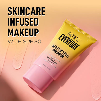Skincare infused makeup product with SPF 30 on a pink background