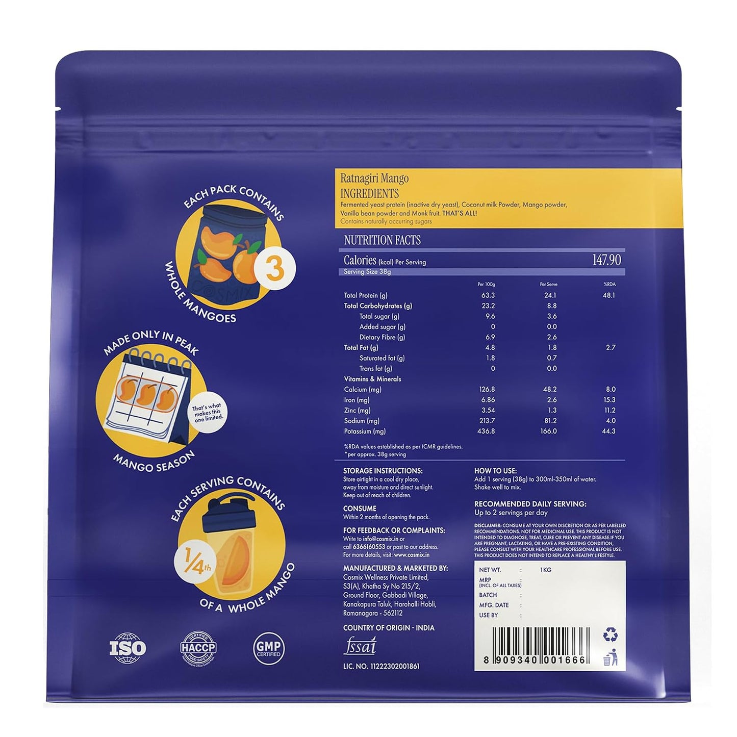 Cosmix Fermented Yeast Protein Powder | 24g Protein | Made with Real Mango | High Absorption with PDCAAS of 1 | No Dairy | Made In-House | Smooth, Tasty & Gut-Friendly | Ratnagiri Mango, 1Kg Pouch