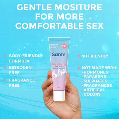 Sanfe Splash Strawberry Lubricant | For intercourse, anal lube, non-Greasy, water based personal lubricant, pH Friendly lube | use with toys, for women & men | Condom Friendly Personal Lube, 15gm