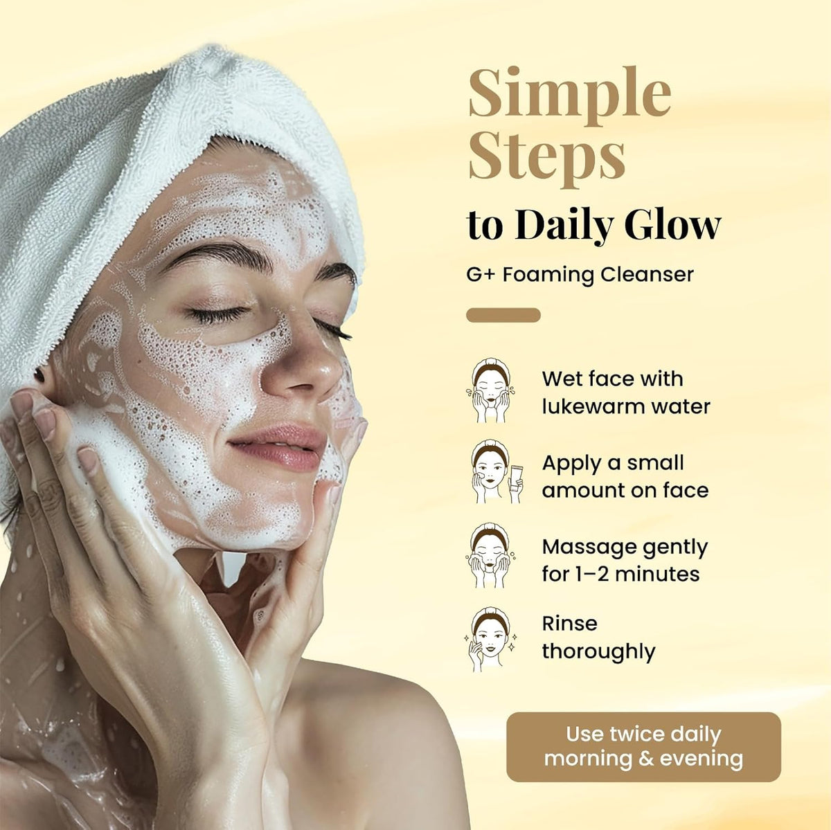 Woman applying foaming cleanser with text on daily skincare routine
