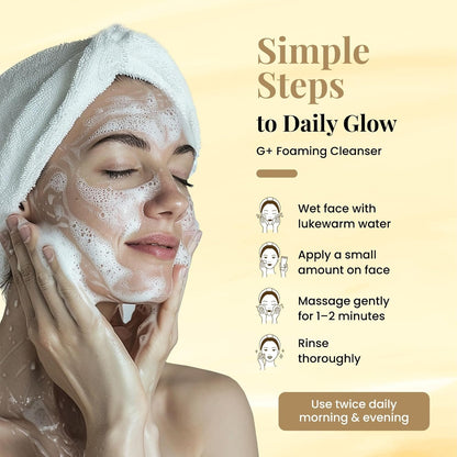Woman applying foaming cleanser with text on daily skincare routine