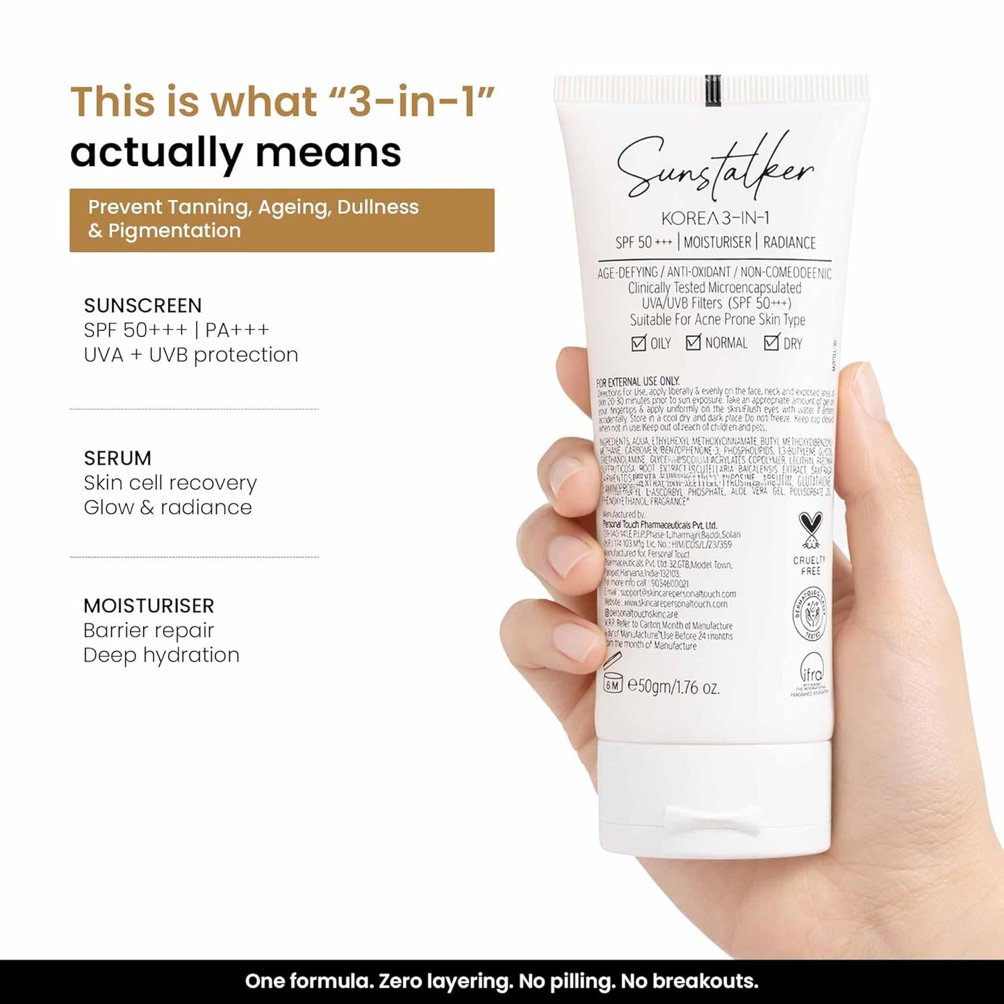 Personal Touch Sunscreen SPF 50 PA+++ for Face | Sunstalker Korea 3 in 1| Lightweight Sunscreen with No White Cast | Non-Greasy, Acne Safe & Oil-Free | With Niacinamide | For Oily & Dry Skin | 50 ml