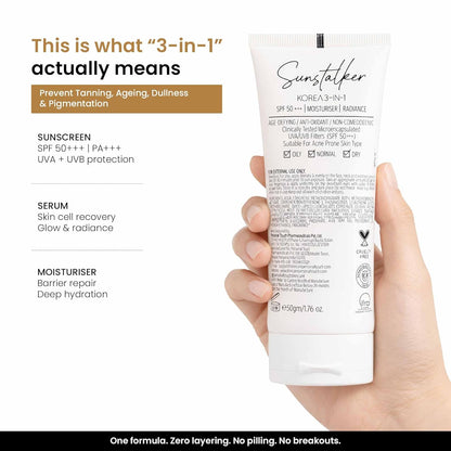 Personal Touch Sunscreen SPF 50 PA+++ for Face | Sunstalker Korea 3 in 1| Lightweight Sunscreen with No White Cast | Non-Greasy, Acne Safe & Oil-Free | With Niacinamide | For Oily & Dry Skin | 50 ml