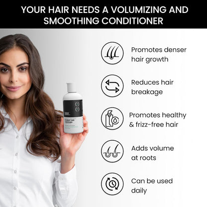 Woman holding a bottle of hair care product with text about its benefits on a white background
