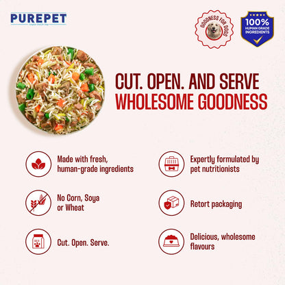 Purepet Fresh Dog Food 300g | Mutton Biryani for Adults & Puppies | High Protein, 65% Real Meat, 35% Veggies & Rice | No Preservatives | Ready to Serve | All Breeds | Single Meal Pack