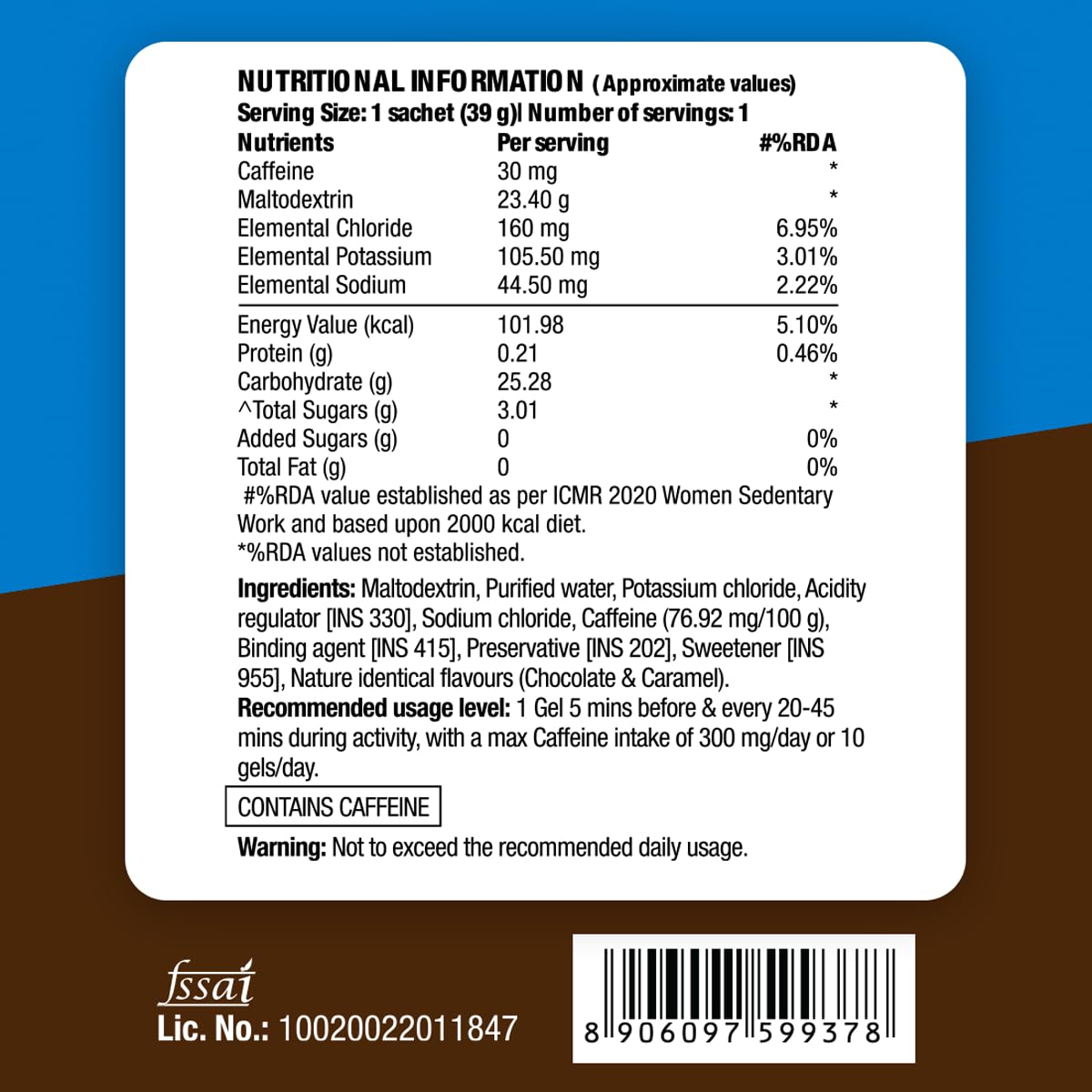 Nutritional information label on a product packaging with blue and brown background