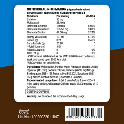 Nutritional information label on a product packaging with blue and brown background
