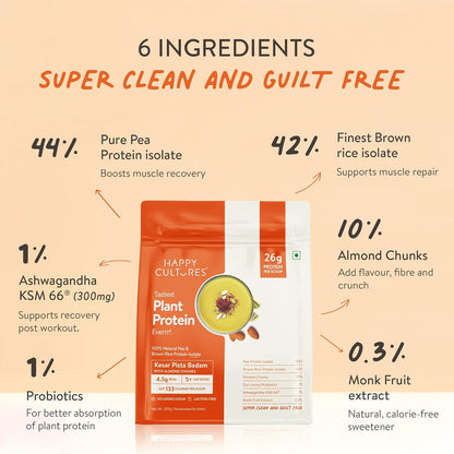 Happy Cultures 26g Tastiest Plant Protein| Kesar Badam Pista | Pea & Brown Rice Protein Isolate| No Added Sugar| Vegan| 20 Complete Amino Acids| Monk Fruit Extract| Women & Men| No Bloating, Easy to Digest| Dairy Free with Probiotics- 505g, Kesar Pista