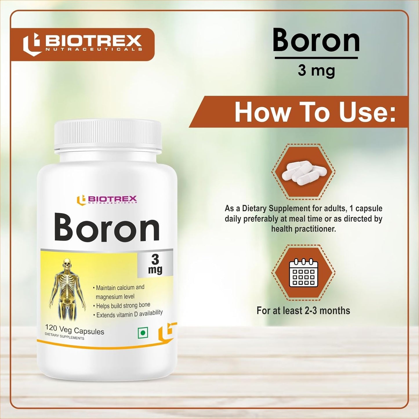 Biotrex Nutraceuticals Boron 3mg | 120 Veg Capsules | Build Strong Bones | Improve Muscle Coordination