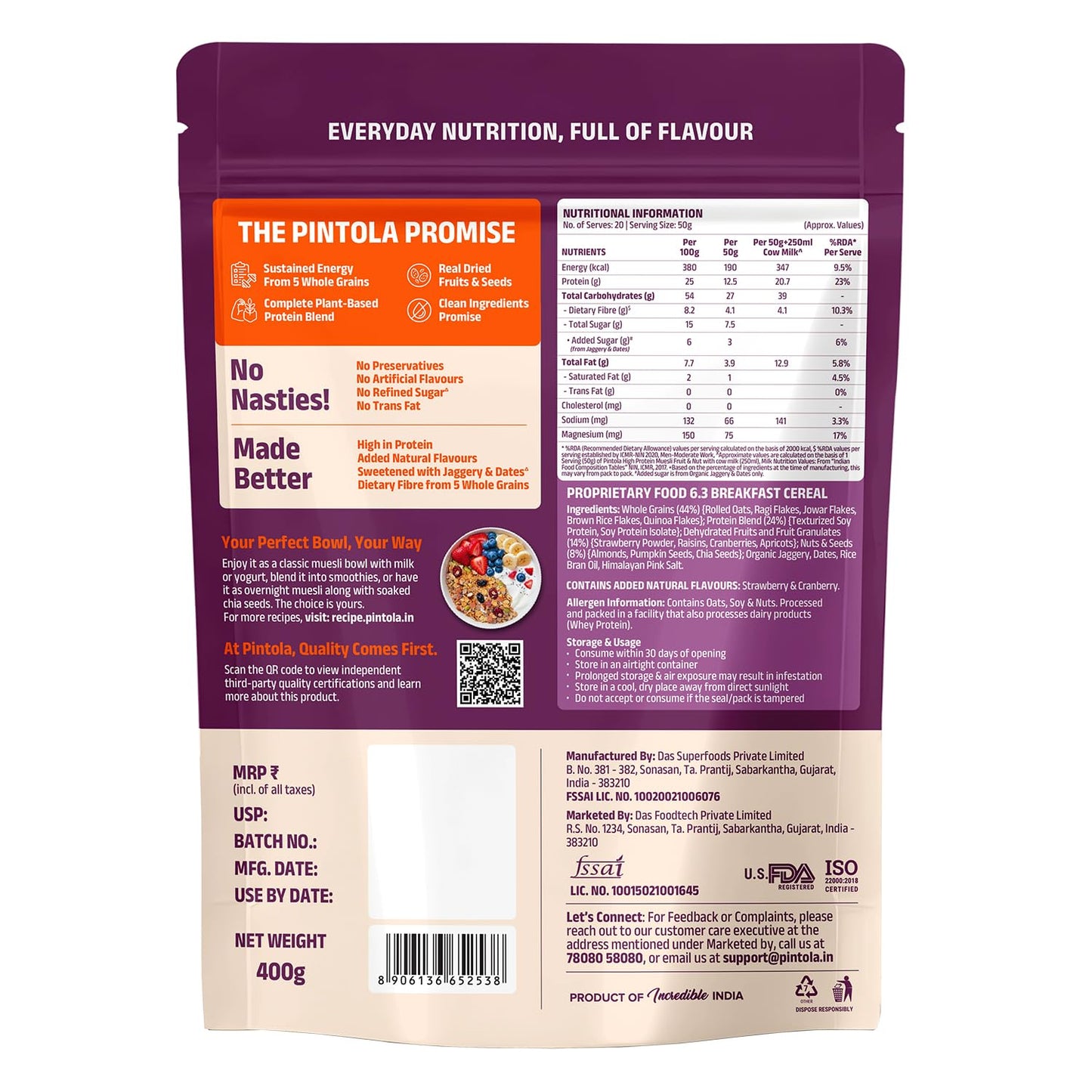 Pintola 25g High Protein Fruit & Nut Muesli 400g, Naturally Sweetened with Organic Jaggery & Dates, No Refined Sugar, Gluten-Free, Breakfast Cereal