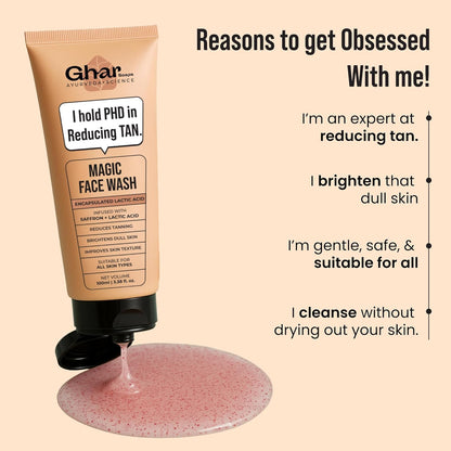 Ghar Soaps De-Tan Face Wash | For Tan Reducing, Brightening & Glowing Skin | With Sandalwood, Saffron, Coconut Oil & Goat milk | For All Skin Types | 100ml