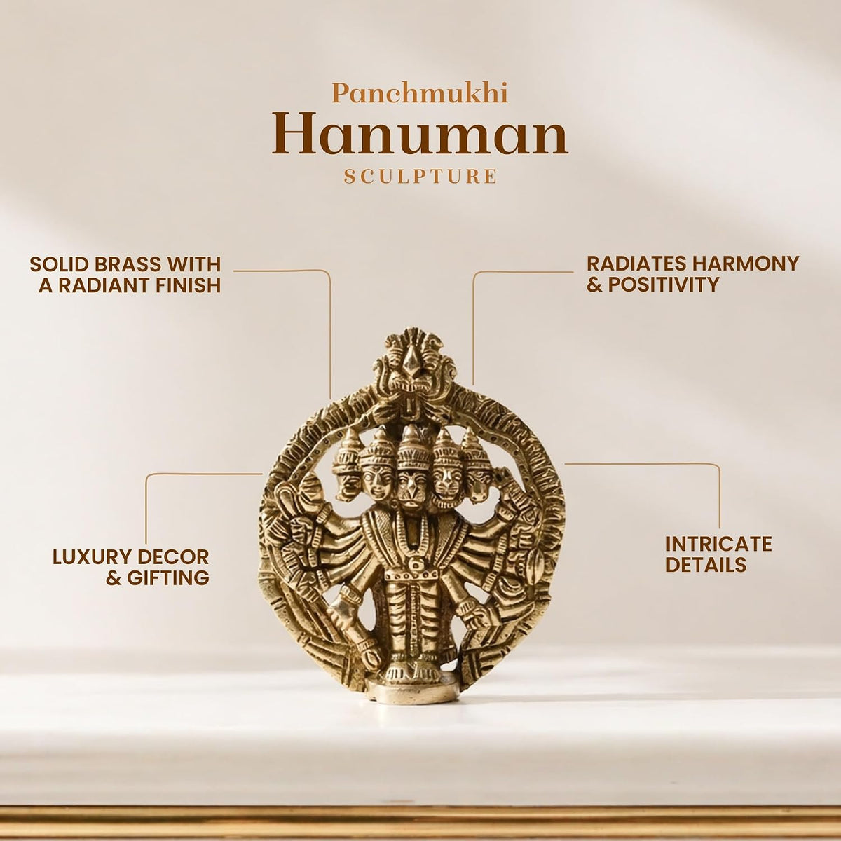 Panchmukhi Hanuman Ji Idol | Brass Five Face Hanuman Sculpture with Radiant Finish for Pooja Room | Festive Gift Idol (Design09: L8 x W2 x H10 cm)