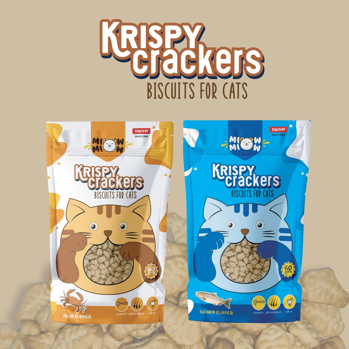 Taiyo Miow Miow Krispy Crackers Crunchy Cat Treats, 60g – Salmon Flavour | High-Protein Biscuits with Fiber, Vitamins & Minerals | Healthy Cat Snack for All Life Stages