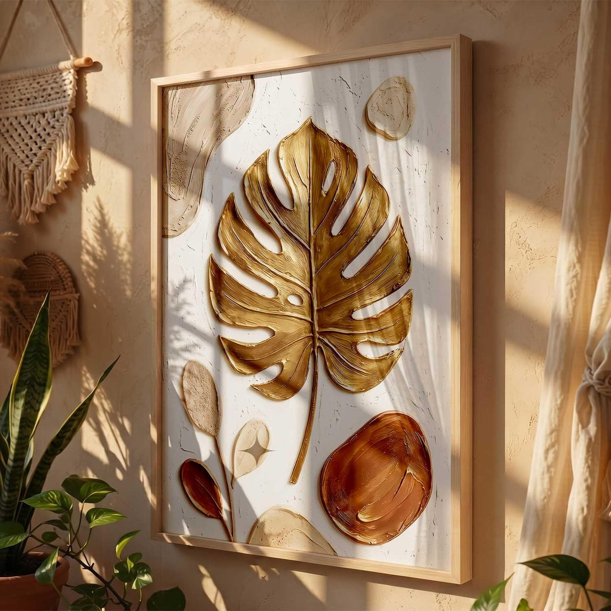 Golden Leaf Wall Art Home Decoration | Aesthetic Floral Paintings With Frame For Living Room Bed Room Hotel Wall Decor Digital Reprint (13x17 inch)