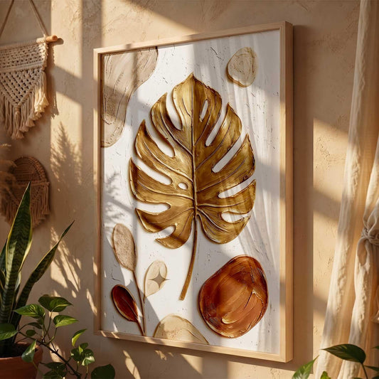 Golden Leaf Wall Art Home Decoration | Aesthetic Floral Paintings With Frame For Living Room Bed Room Hotel Wall Decor Digital Reprint (13x17 inch)