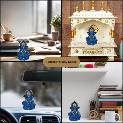 Gold Art India Blue Terracotta Ganesh Idol for Car Dashboard Small Ganesha Murti Ganpati Idol for Home Decor Puja Lord Ganesh Statue Gift for Office Desk Puja Room Figurine (3.5 Inches), Idol