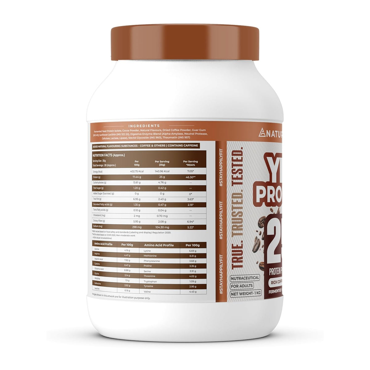 Protein powder container with label on a white background